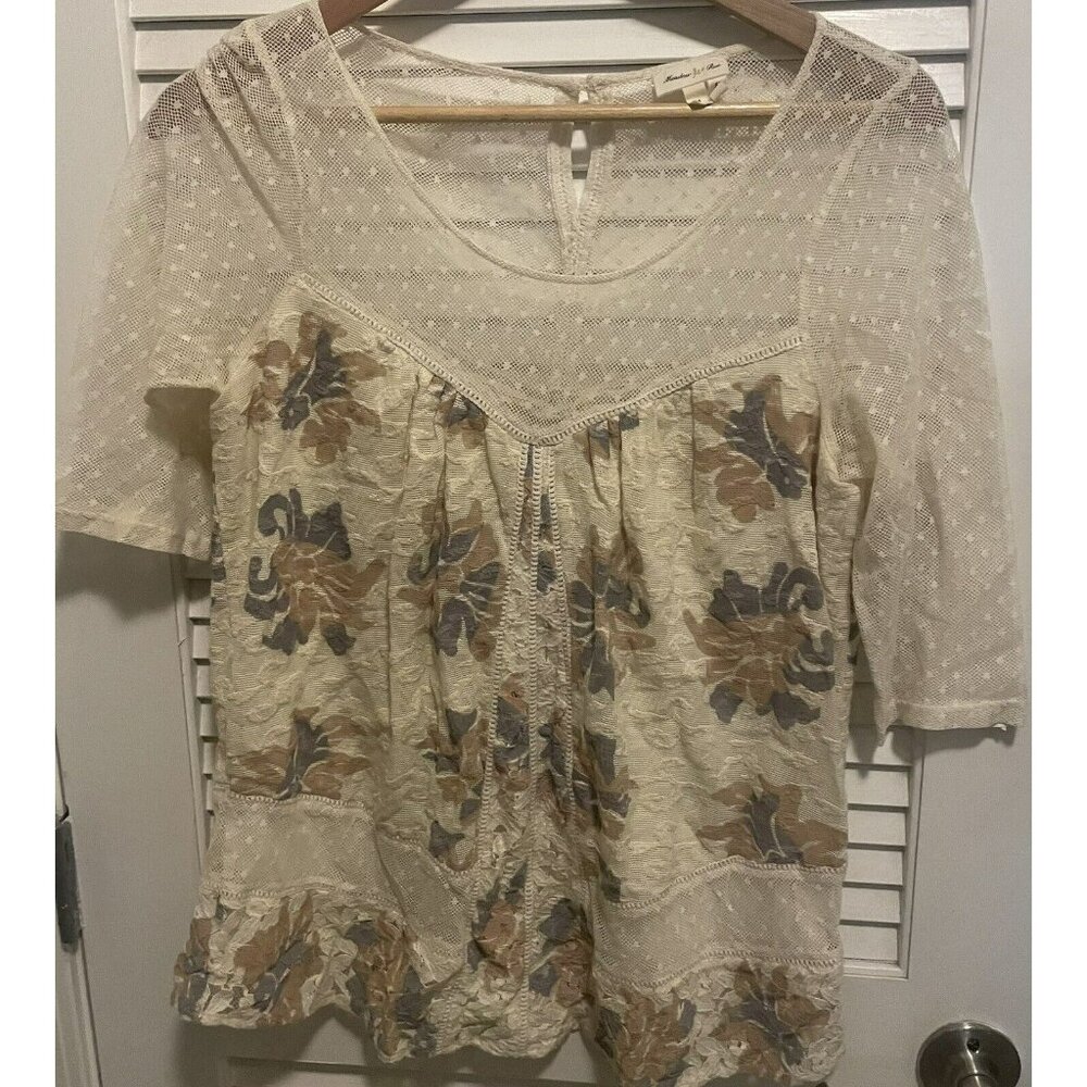 Meadow Rue M Dotted Floral Lace Blouse Women's Ivory/Brown Lined